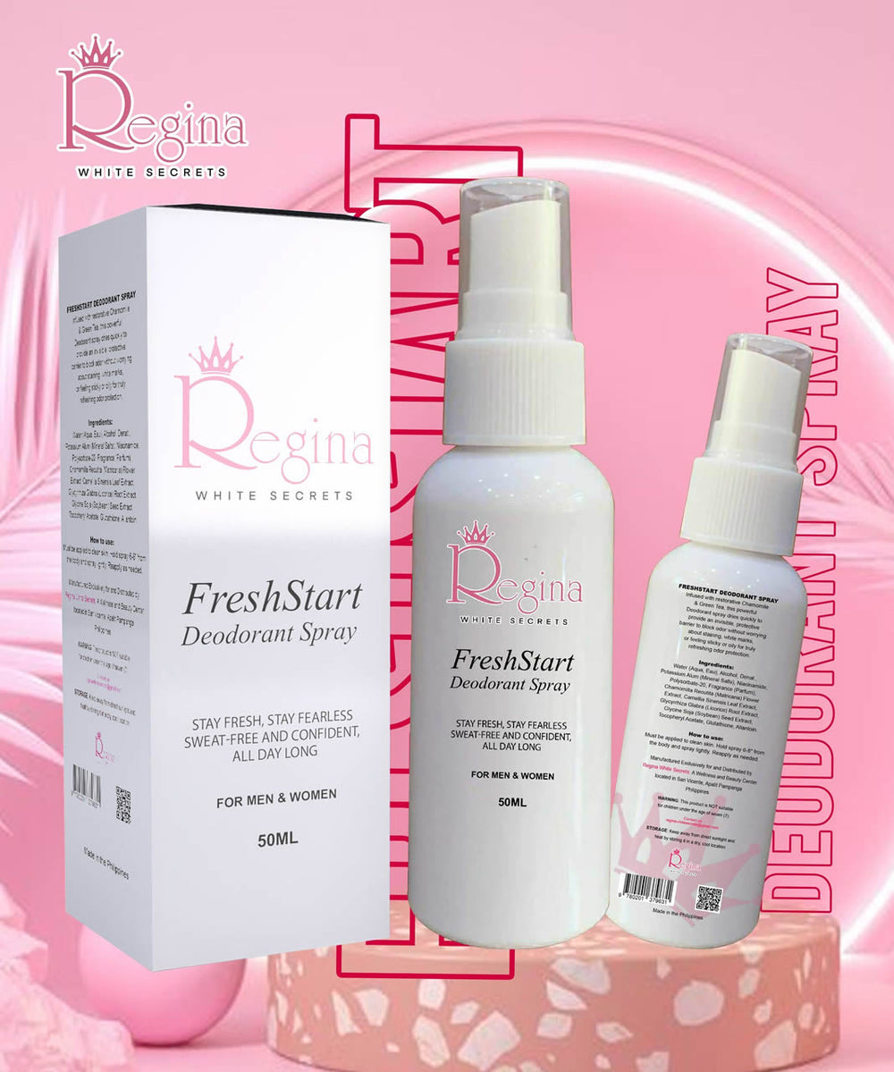 Box and Bottle of FreshStart Deodorant Spray, 50ml - Regina White Secrets
