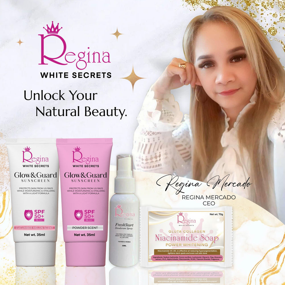 CEO of Regina White Secrets posing to the right of their logo and slogan next to their current products.