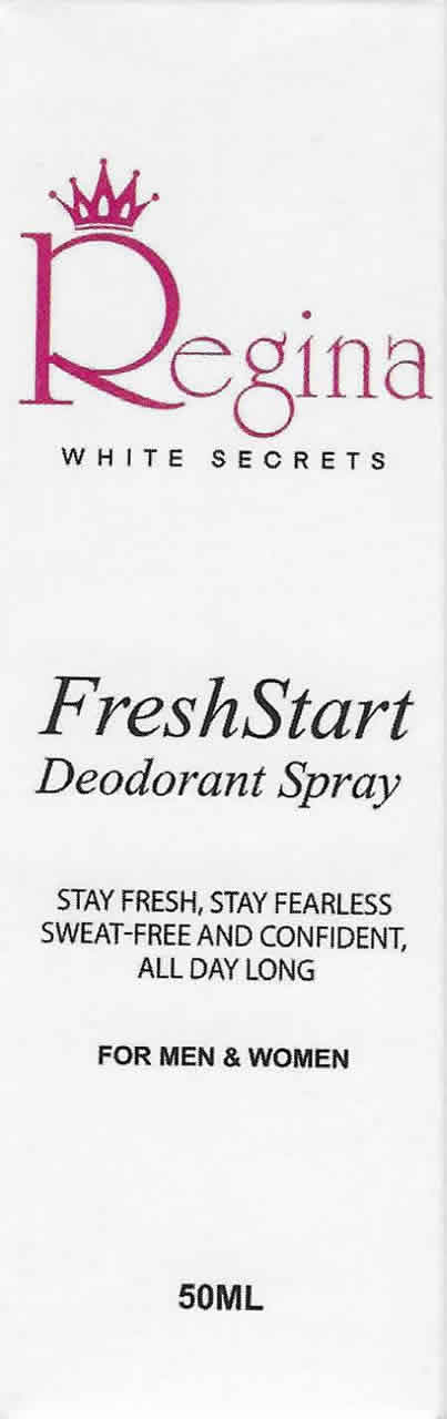 Front box of FreshStart Deodorant Spray, 50ml - Regina White Secrets